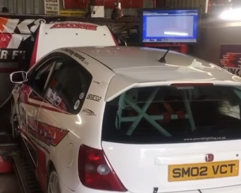 Honda Civic race car undergoing rolling road dyno testing at Murray Motorsport.
