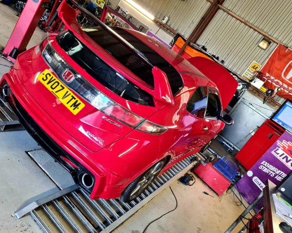 Honda Civic Type R undergoing dyno testing at Murray Motorsport performance workshop.